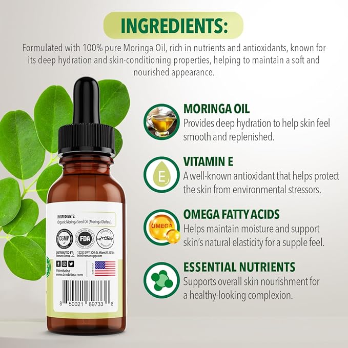 Dr. Robaina 100% Pure Moringa Oil – Deep Hydration, Skin Repair & Natural Antioxidants – Cold-Pressed, Organic & All-Natural Moisturizer – Made in USA