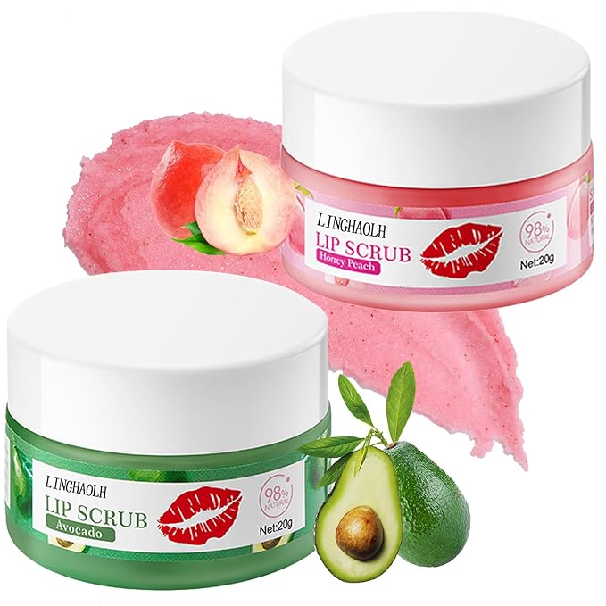 2PCS Lip Scrub Exfoliator,Gentle Lip Scrubber Exfoliator,Lip Exfoliator Scrub for Daily Lip Care,Lip Moisturizer for Nourishing Lip(Peach, Avocado)