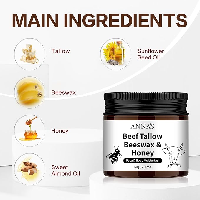ANNA'S Beef Tallow and Honey Balm for Skin, All-Natural Moisturizer for Face and Body, Hydrating Grass-Fed Beef Tallow & Raw Wild Honey Blend (60g/2.120z)
