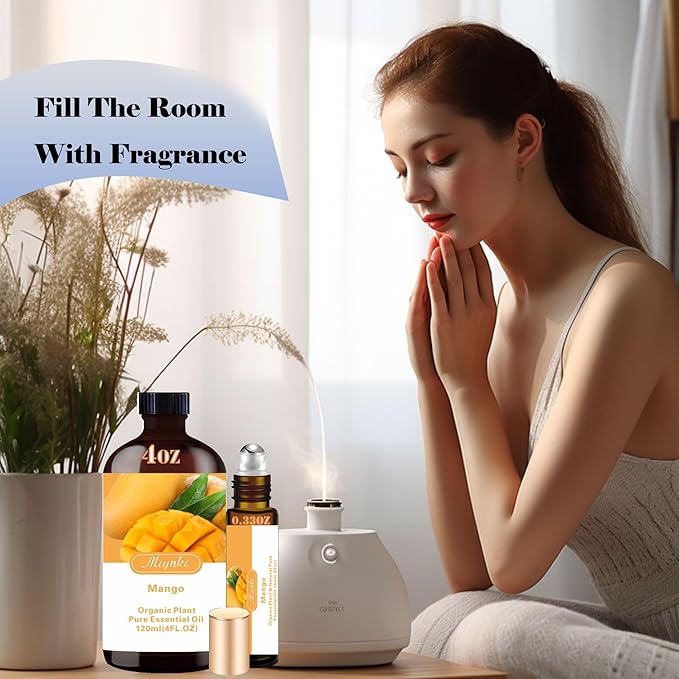 Mango Essential Oil - Mango Oil 4 Fl Oz & Roll On 10ML Essential Oil Set for Humidifier Home Fragrance Bath SPA Cleaning Massage Yoga Candle Making DIY Soap Perfume Gift for Women
