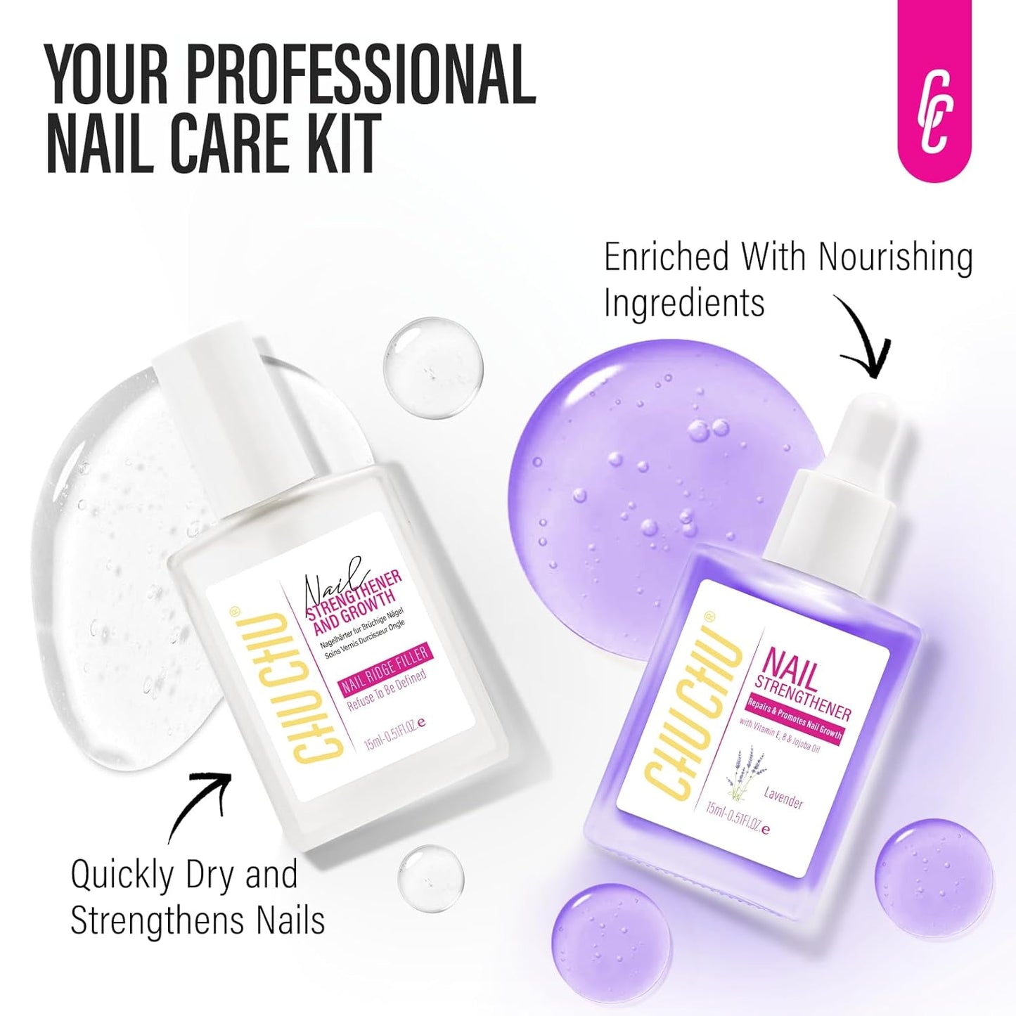 Nail Care Set with Strengthener and Cuticle Oil: Clear Nail Hardener and Lavender Oil - Repair & Growth Treatment for Weak Damaged Nails - for Women Beginners Professionals Home Manicure Travel