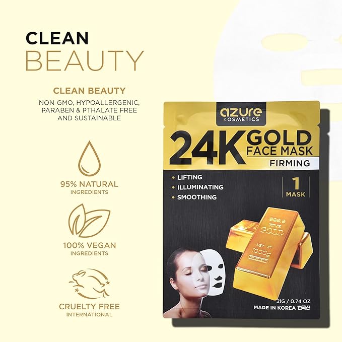 Azure Cosmetics 24K Gold Firming Face Mask- Anti Aging, Hydrating, Toning & Firming Facial Mask - Helps Reduce Wrinkles & Fine Lines - With Hyaluronic Acid & Collagen - Made in Korea - Pack of 5