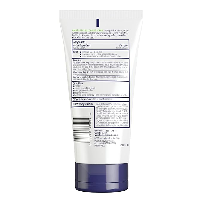 Bioré Pore Unclogging Scrub, Removes Excess Dirt and Oils, Face Scrub, with Salicylic Acid, Oil Free, (HSA/FSA Approved), 5 Ounces