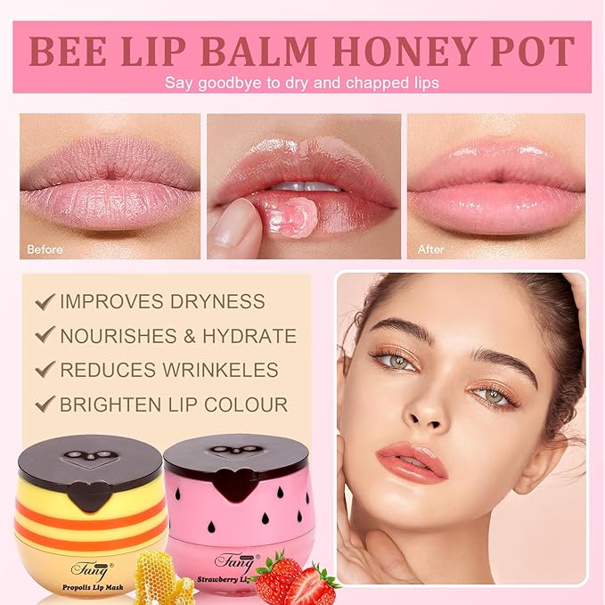 4 Pcs Honey Lip Balm, Bee Lip Balm Honey Pot,Moisturizing Lip Mask Overnight,Hydrate Repair Prevent Dry Cracked Lip Care(Honey+Strawberry+Watermelon+Apple)
