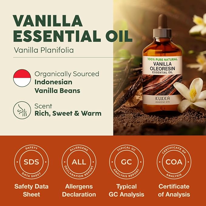 Kukka Vanilla Essential Oil for Diffuser & Skin - 4 Fl Oz - 100% Natural Vanilla Oleoresin Essential Oil - Long Lasting Perfume - Mother's Day Gift Soap Making Scent & DIY