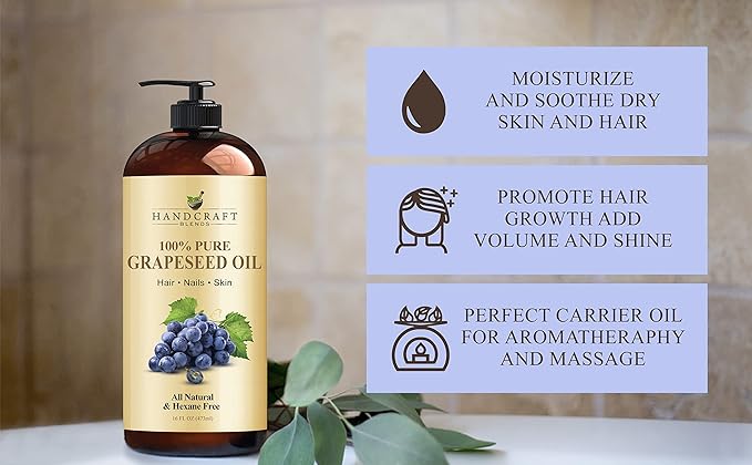 Handcraft Blends Grapeseed Oil - Cold-Pressed 16 Fl Oz (Pack of 2) - 100% Pure and Natural - Premium Grade Carrier Oil for Skin and Hair - Hair and Body - Massage - Hexane-Free