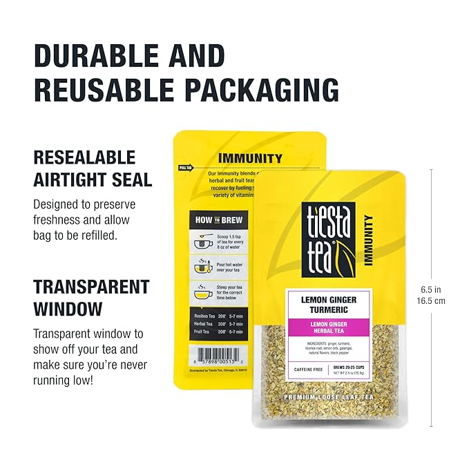 Tiesta Tea - Lemon Ginger Turmeric | Loose Leaf | Lemon Ginger Herbal Tea | Premium Blend | Non Caffeinated Herbal | Make Hot or Iced Brews Up to 25 Cups | 2.5 Ounce Resealable Pouch