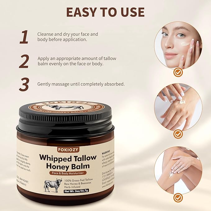 Beef Tallow for Skin, 100% Grass-Fed Whipped Beef Tallow Honey Balm for Face and Body, Tallow Face Moisturizer with Jojoba Oil, Shea Butter for Sensitive, Dry Skin - 2 oz