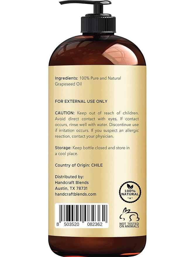 Handcraft Blends Grapeseed Oil - Cold-Pressed 16 Fl Oz (Pack of 2) - 100% Pure and Natural - Premium Grade Carrier Oil for Skin and Hair - Hair and Body - Massage - Hexane-Free