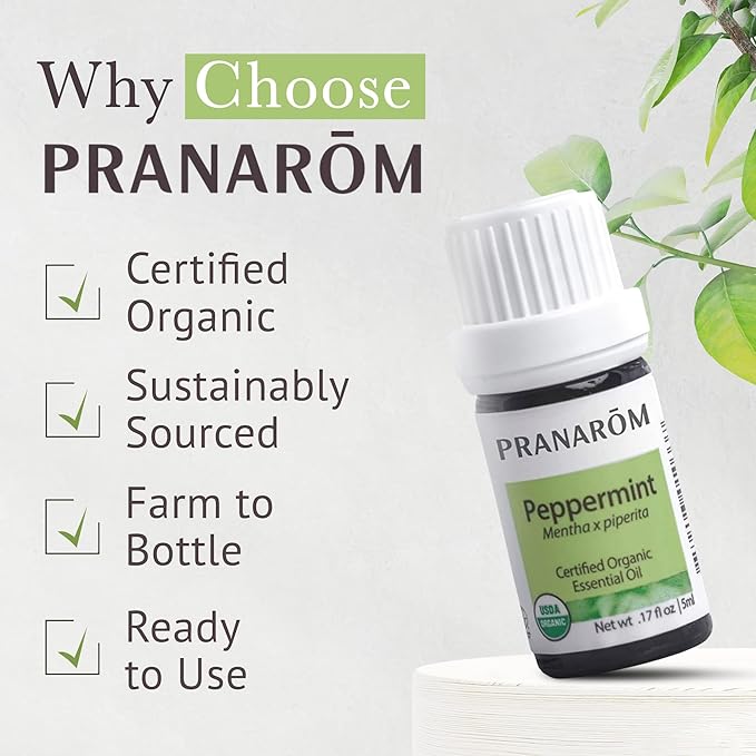 Pranarom USDA Certified Organic Peppermint Essential Oil (5ml), 100% Pure Undiluted Therapeutic Grade from India for Aromatherapy, Diffuser, Topical, Cooling, Massage & Relaxation