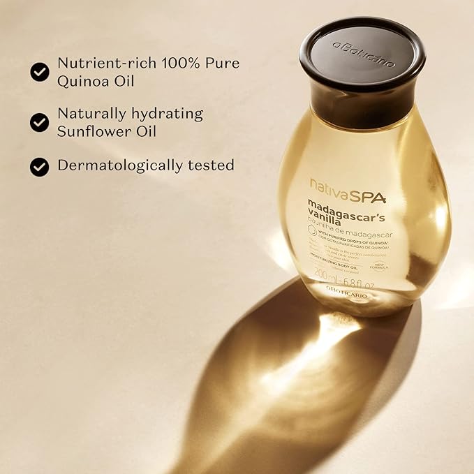 O Boticário Nativa SPA Body Hydrating Oil Bundle: Madagascar Vanilla, Quinoa, PLum & Black Plum Moisturizing Body Oils, 6.8 Ounce (each)