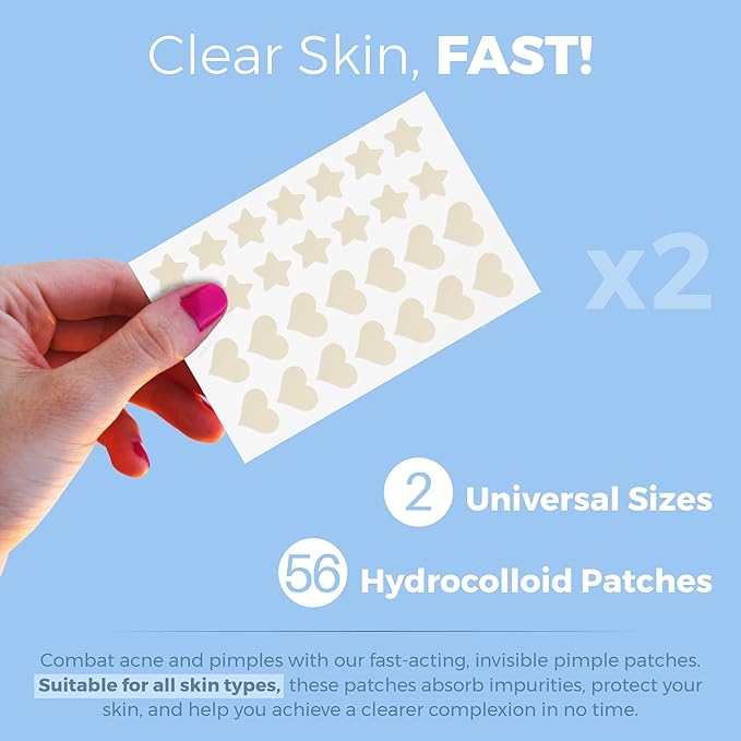 MEDca Acne Patches for Face - Hydrocolloid Bandages (56 Count) Pimple Patches for Face in Hearts & Stars, Acne Spot Treatment Care for Face & Skin Spot Patch Conceals Zits, Acne and Blackheads