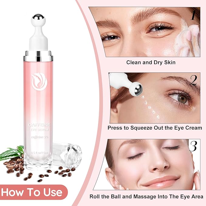 5% Caffeine Eye Serum, Cream with 360ยฐMassage Ball for Dark Circles, Puffiness and Fine Lines, 0.5 fl.oz Under Eye Roller Cream, Efficient in Firming Eyelids