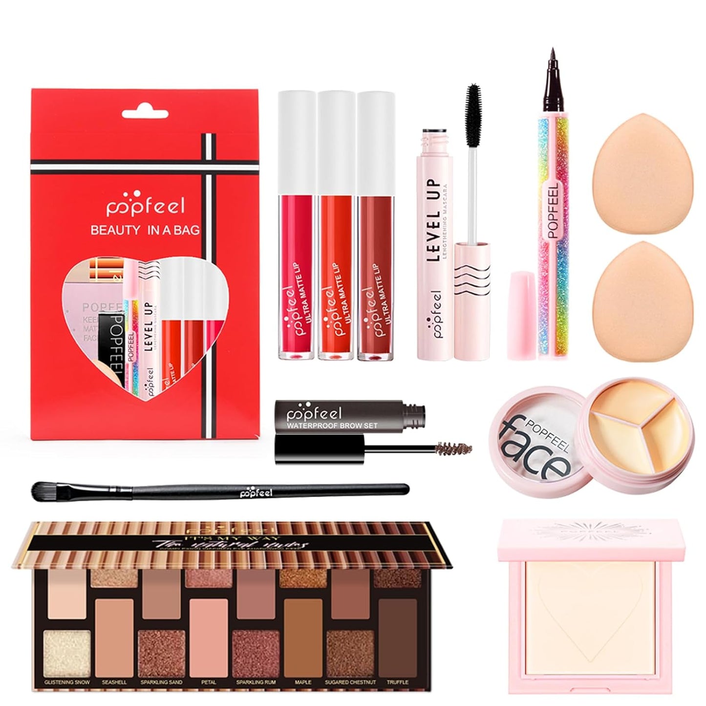 All in One Makeup Kit, Full Starter Essential Makeup Kit for Women Beginners Includes Eyeshadow Palette Lipgloss Mascara Eyeliner Eyebrow Pencil Concealer Powder Puff Set