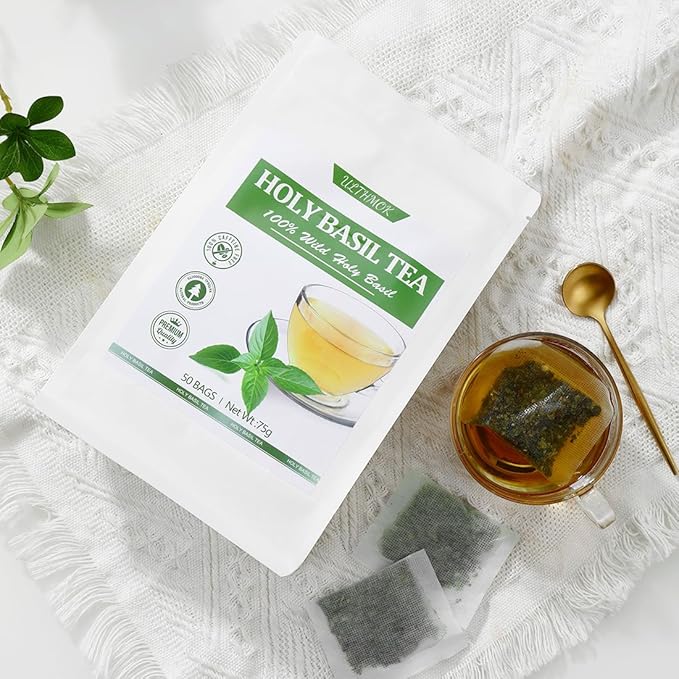 Premium 50 Holy Basil Tea Bags, Made with 100% Natural Tulsi Wild Holy Basil Leaves, No Additives & Caffeine Free.