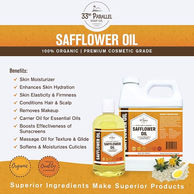 ORGANIC SAFFLOWER OIL (32 oz) Premium Cold Pressed Unrefined | 100% Pure Safflower Oil for Skin, Face, Hair, Soap Making | Carrier for Essential Oils | Available in Bulk | 32 FL OZ