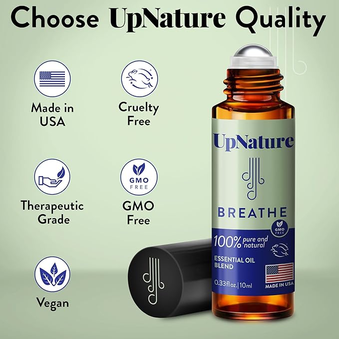 UpNature Breathe Essential Oil Roll On Blend – Natural Breathing Support - Premium Quality Essential Oils for Skin - Pure Blend of Peppermint, Tea Tree & Eucalyptus Oil