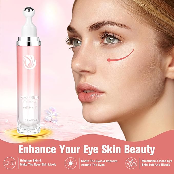 5% Caffeine Eye Serum, Cream with 360ยฐMassage Ball for Dark Circles, Puffiness and Fine Lines, 0.5 fl.oz Under Eye Roller Cream, Efficient in Firming Eyelids