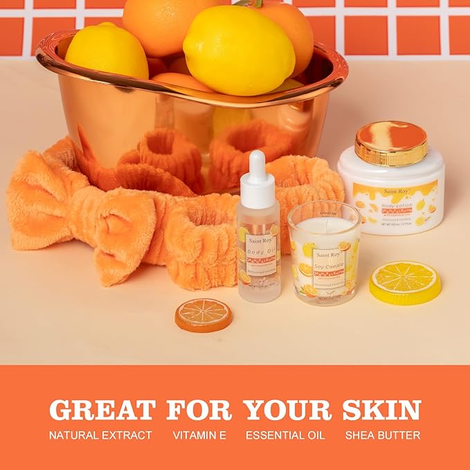 Orange Scents spa gift set Great Gift Lemon Spa Gifts for girls, Body care Set Birthday Gifts, Gift Baskets for Women, 11pcs Bath Gift Set for Women, Self Care Spa Kit Lemon Citrus Spa Gift Basket