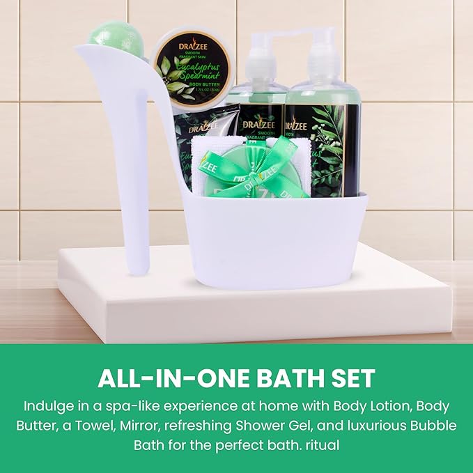 Draizee Mothers Day Gifts for Mom-Spa Gift Baskets for Women, 8 Pcs Luxury Eucalyptus Sparemint Scented Heel Shoe Design Bath and Body Spa Set-Self Care Package for Women, Greate for Mom-Body Care Set