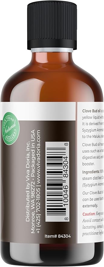 Viva Doria Clove Bud Essential Oil, 100% Pure, Natural Clove Essential Oil, Undiluted, for Aromatherapy | Food Grade, 118 mL (4 Fluid Ounce)
