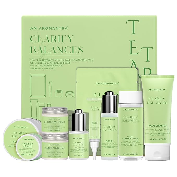 Tea Tree & Witch Hazel Extracts Skin Care Set with Hyaluronic Acid - Deep Cleanse, Balance Oils, Hydrating & Soothing Face Serum, Toner & Moisturizer - 10-Piece Kit Suitable for All Skin Types