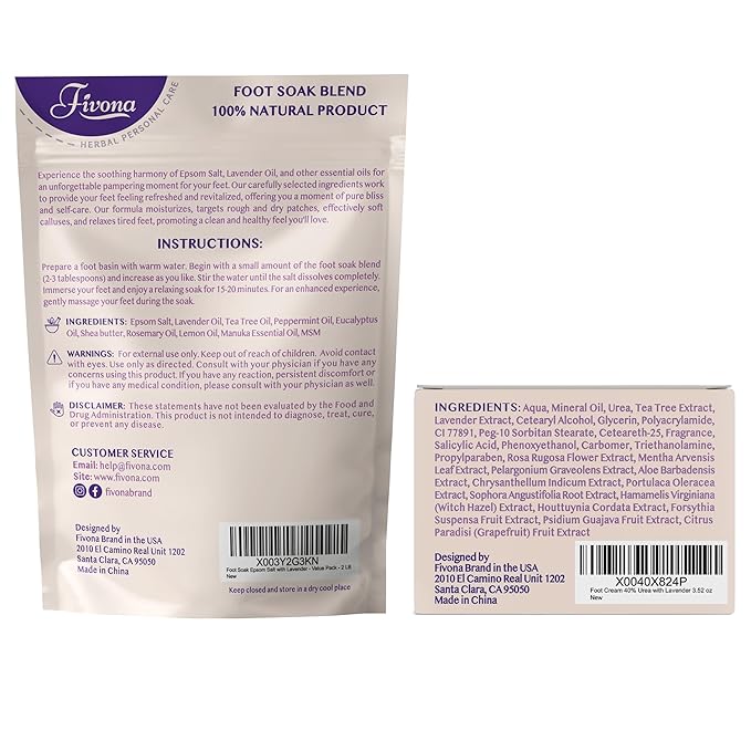 Fivona Foot Care Kit 4 in 1 - Foot Soak Blend with Epsom Salt, Lavender and Essential Oils - Collapsible Foot Soak Basin - 40% Urea Cream for Hard, Dry Skin - Dual Action Foot File
