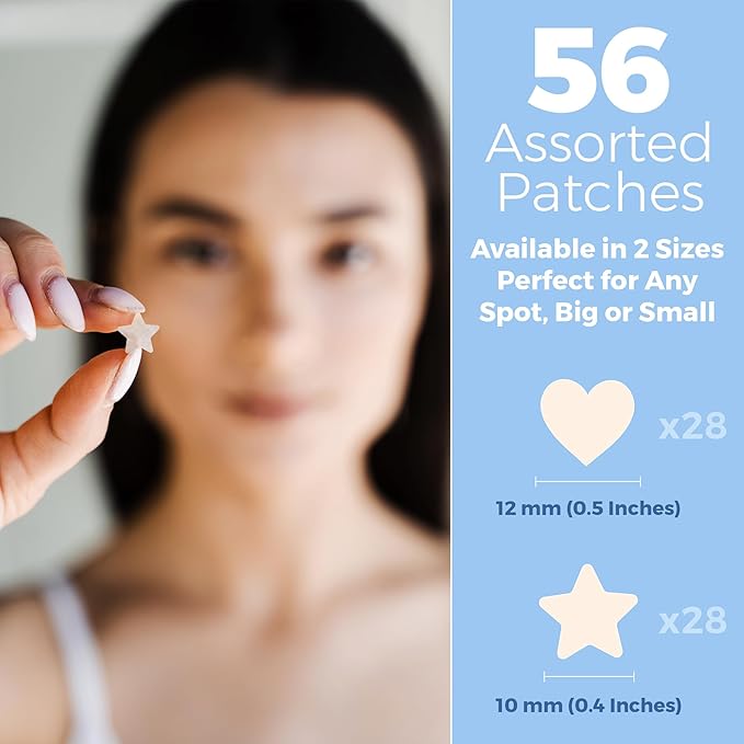 MEDca Acne Patches for Face - Hydrocolloid Bandages (56 Count) Pimple Patches for Face in Hearts & Stars, Acne Spot Treatment Care for Face & Skin Spot Patch Conceals Zits, Acne and Blackheads
