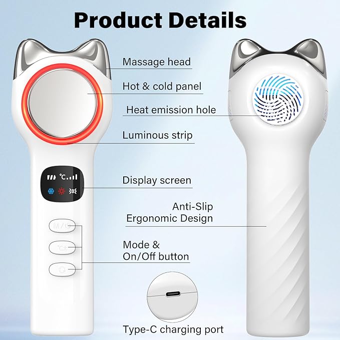 Warming and Cooling Firming Device, Light Face Tool with Vibration, Electric Skin Care Kit, Facial Massager with 46-70℉ Cold, 100-117℉ Hot