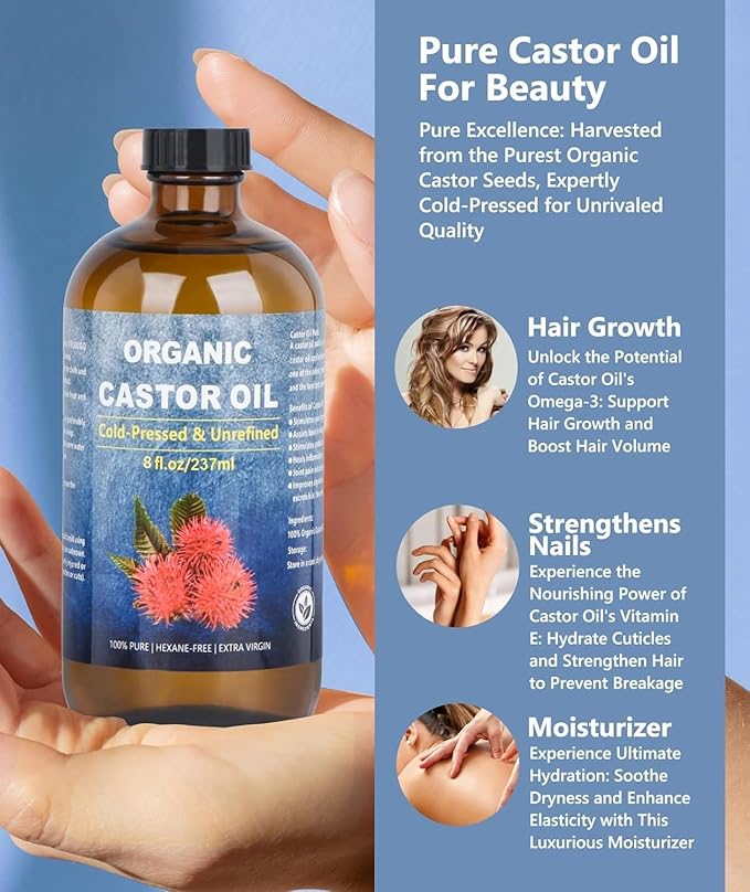 Organic Castor Oil for Face Roll On,Rollerball Castor Oil, Deep Hydration for Skin Care and Hair, Castor Oil Organic Cold Pressed Unrefined Glass Bottle 8oz with 2 Roller