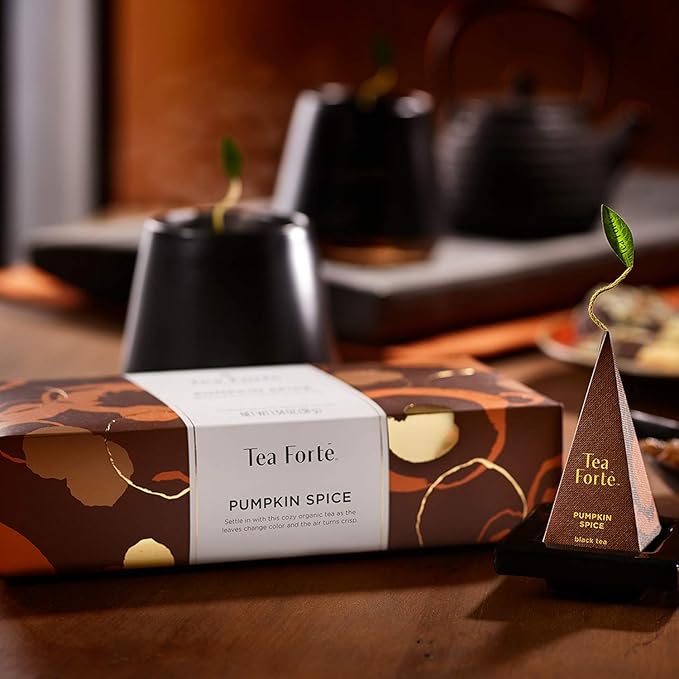 Tea Forte Pumpkin Spice Black Tea Petite Presentation Box Mother's Day Tea Gift Set Sampler, 10 Individually Wrapped Handcrafted Pyramid Infuser Bags
