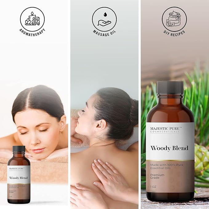 Majestic Pure Wood Essential Oil Blend | 100% Pure Premium Oil for Peace, Harmony | Pine Needle, Cypress, Orange, Himalaya Cedarwood Essential Oil for Diffusers & Aromatherapy | 1oz