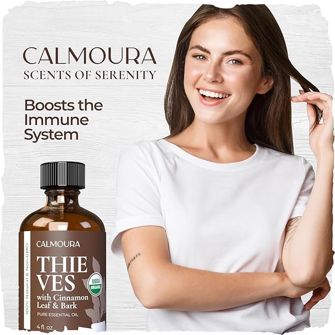CALMOURA Organic Thieves Oil Essential Oil — USDA Certified Therapeutic Grade — (4 oz | 118 ml) — Based on The Tale of Four Thieves — Five Guards Essential Oil
