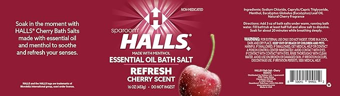 Halls Refresh Menthol with 100% Pure Essential Oils Aromatherapy Bath Salts, 16 oz, Eucalyptus, Menthol and Cherry Scent