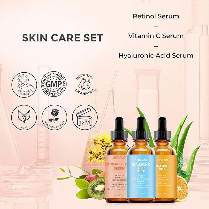 Facial Skin Care Set– Retinol Serum, Vitamin C & Hyaluronic Acid for Face – Anti Aging Face Serum Set for Women – Firm, Wrinkle Smoothing, Dark Spot Corrector, Brighten Dullness