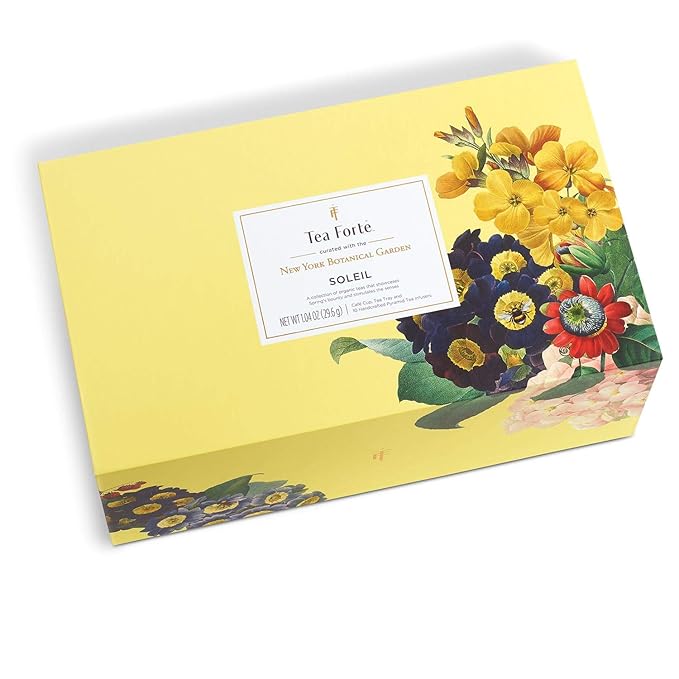 Tea Forte Soleil 3-Piece Mother's Day Tea Gift Set with Yellow Cafe Cup with Lid, Tea Tray and 10 Assorted 2 of Each Variety Organic Handcrafted Pyramid Infuser Tea Bags