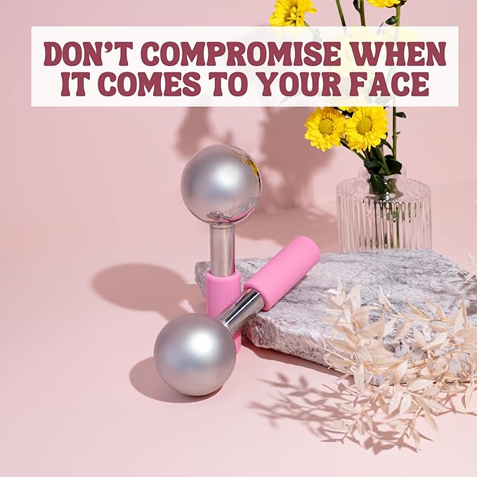 Ice Globes for Facials - 360 Rotating Unbreakable Steel Ice Globes with Carry Case - Professional Esthetician Supplies - Ice Roller for Face and Eyes - Ideal Skincare Tool (Pink)