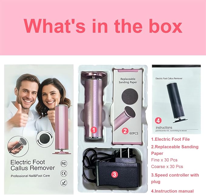High Torque Electric Foot File - Callus Remover for Feet,Adjustable Speed Foot File with 60 Pcs Sandpaper Discs,Professional Pedicure Tool for Dead Skin and Calluses (Gradient Pink)