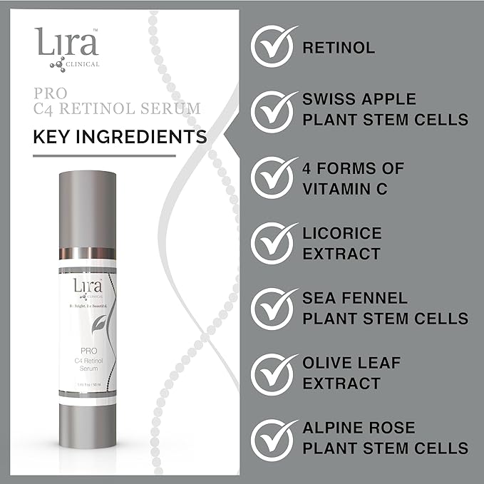 Lira Clinical PRO C4 Retinol Serum - Face Serum with Plant Stem Cells - Vitamin C Brightening Serum with Licorice and Olive Extract - 1.69 Ounce