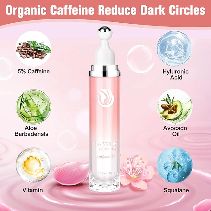 5% Caffeine Eye Serum, Cream with 360ยฐMassage Ball for Dark Circles, Puffiness and Fine Lines, 0.5 fl.oz Under Eye Roller Cream, Efficient in Firming Eyelids