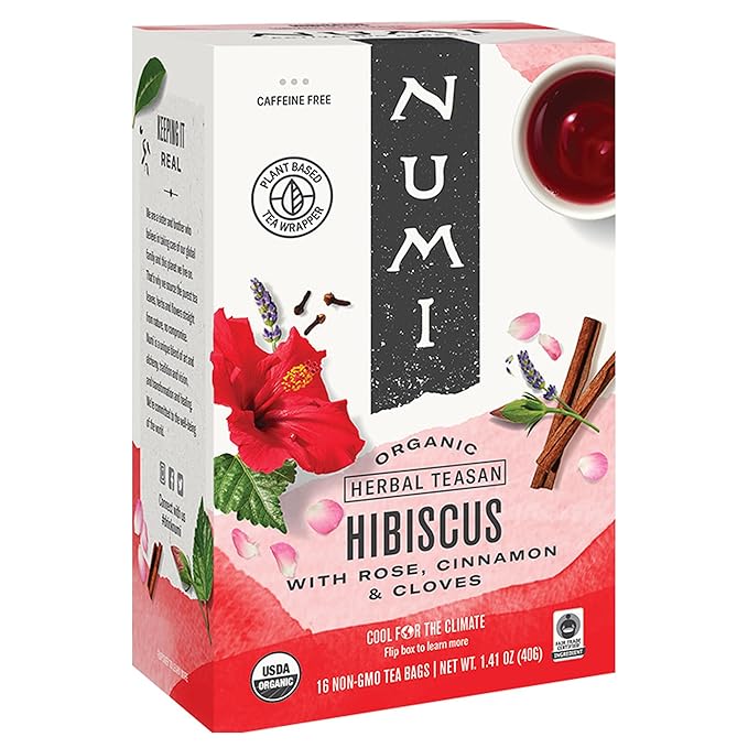 Numi Organic Tea Hibiscus, 16 Count Box of Tea Bags, Holistic Herbal Teasan (Packaging May Vary)