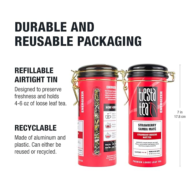 Tiesta Tea - Strawberry Samba Mate | Loose Leaf | Strawberry Hibiscus Mate Tea | High Caffeinated Fruit Blend | Make Hot or Iced Up to 50 Cups | 4 oz Refillable Tin
