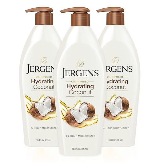 Jergens Hydrating Coconut Body Lotion, Hand and Body Moisturizer, Infused with Coconut Oil, Hydrates Dry Skin Instantly, Dermatologist Tested, 16.8 oz, Pack of 3