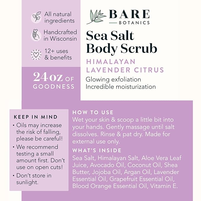 Bare Botanics Lavender Grapefruit Body Scrub 24 oz - Naturally Scented Himalayan Salt Scrub Made in Madison WI - Formulated w/Skin Loving Moisturizers - Cruelty Free Exfoliator w/a Cute Wooden Spoon