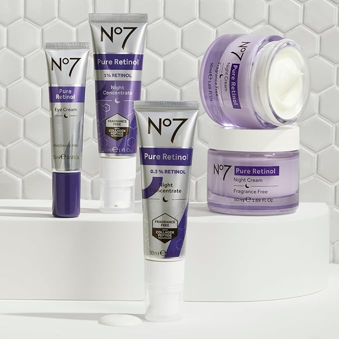 No7 Pure Retinol 1% Night Concentrate - Anti Wrinkle Retinol Serum with Collagen Peptides & Niacinamide for Younger Looking Skin - Firming Face Serum for Fine Lines & Wrinkles (30ml)