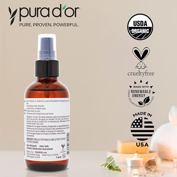 PURA D'OR Organic Amla Oil (4oz / 118mL) 100% Pure USDA Certified Premium Grade Natural Moisturizer, Cold Pressed, Hexane-Free Base Carrier for DIY Skin Care Men & Women, Pack of 1, 0.5 pounds