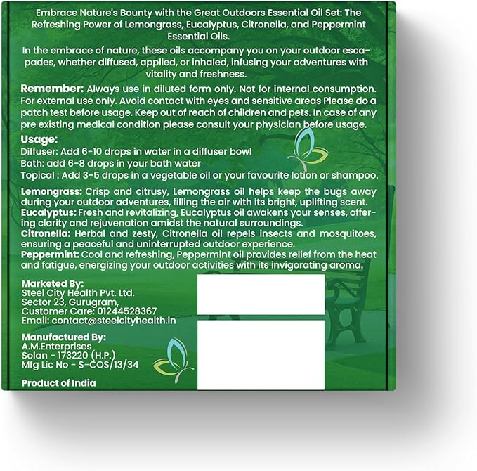 HM Outdoor Essential Oil Kit – 4 Pack | Gift Set | Lemongrass, Eucalyptus, Citronella, Peppermint | Refreshing Aromatherapy for Camping, Patio & Outdoor Use – 1.35 FL OZ Each