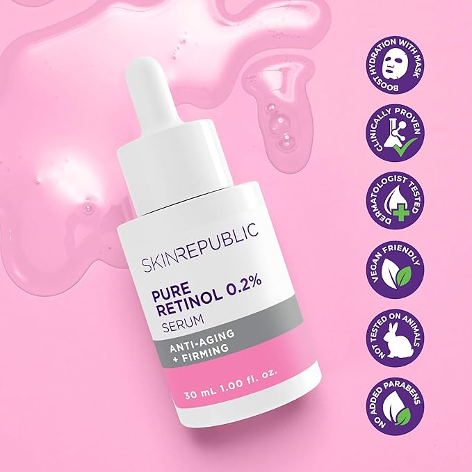 Skin Republic Retinol 0.2% Serum. Noticeable Results After One Week. 30ml Bottle. Made in Europe.