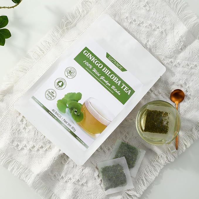 Premium 40 Ginkgo Biloba Tea Bags, Made with 100% Natural Ginkgo Biloba Leaves, No Additives & Caffeine Free.