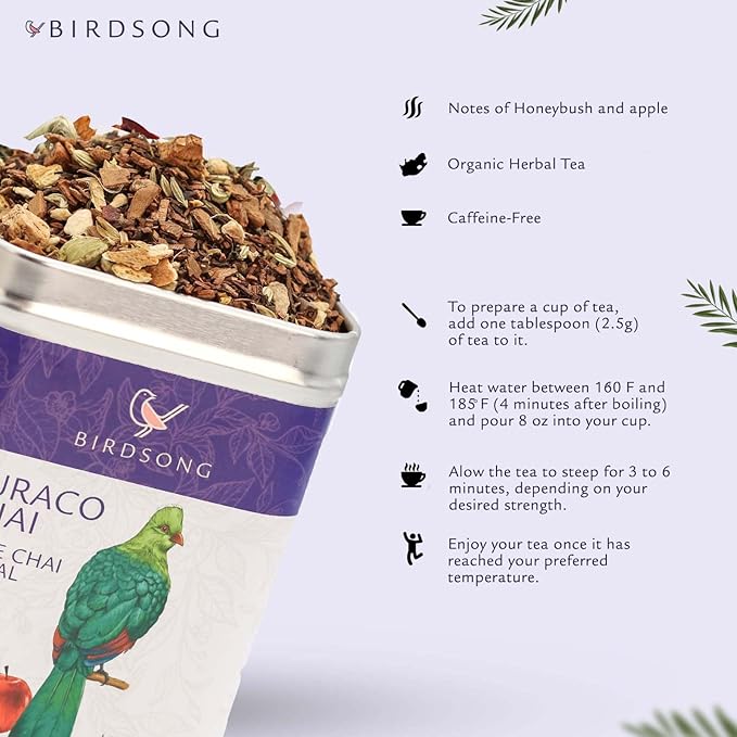 Birdsong Turaco Chai: Organic Apple Chai Herbal Tea, Caffeine Free Tea with 100% Natural Sweet Flavor of Apple, Cardamom and Cinnamon Notes and Health Benefits, Decaffeinated Honeybush Loose Leaf